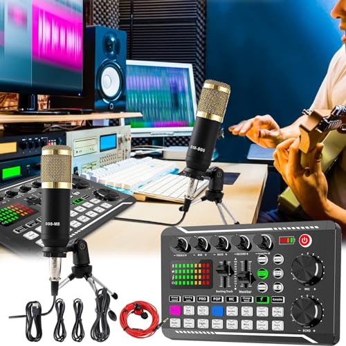 Kondensator Mikrofon, Mischpult Live-Soundkarte und Audio-Interface mit DJ-Mixer Effekten und Sprach Wechsler F998 Bluetooth Stereo Audio Mixer für Youtube Live Streaming PC Aufnahmestudio und Gaming von Mocoli