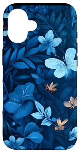 Hülle für iPhone 16 Blaues Art-Deco-Stil, tropisches Vintage-Bienen-Blumenmuster von Modern Aesthetic Design Studio