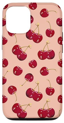 Hülle für iPhone 12/12 Pro Niedliches Muster mit roten Kirschen, Pastellpfirsichrosa von Moderne Kawaii-Rotkirschmuster