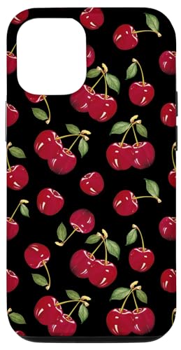 Hülle für iPhone 14 Pro Niedliche Kirsche mit grünen Blättern, tiefschwarzer von Moderne Kawaii-Rotkirschmuster