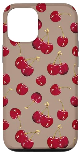Hülle für iPhone 14 Pro Niedliches Muster mit roten Kirschen, Latte Brown von Moderne Kawaii-Rotkirschmuster