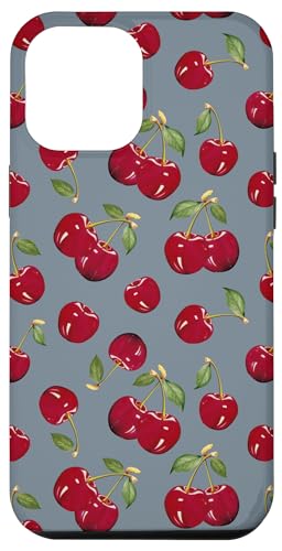 Hülle für iPhone 15 Plus Süße Kirsche mit grünen Blättern, Schiefergrau von Moderne Kawaii-Rotkirschmuster