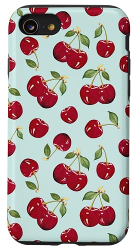 Hülle für iPhone SE (2020) / 7 / 8 Niedliche Kirsche mit grünen Blättern, Retro-Mintblau von Moderne Kawaii-Rotkirschmuster