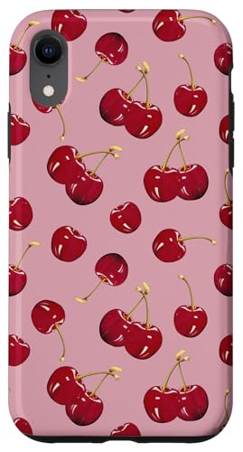 Hülle für iPhone XR Niedliches Muster mit roten Kirschen, Pastellrosa von Moderne Kawaii-Rotkirschmuster