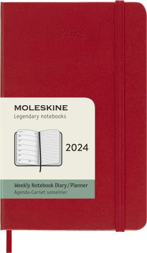 Moleskine Wochenplaner mit Platz für Notizen, 12 Monate 2024, Agenda 2024, Pocket 9x14, Hardcover mit Gummizugverschluss, Farbe Kaminrot von Moleskine