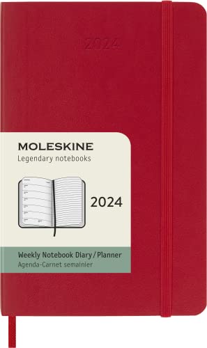 Moleskine Wochenplaner mit Platz für Notizen, 12 Monate 2024, Agenda 2024, Pocket 9x14, Softcover mit Gummizugverschluss, Farbe Kaminrot von Moleskine