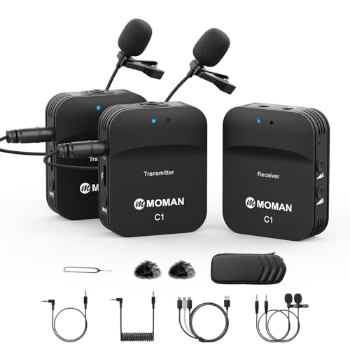 Moman Lavalier Mikrofon Wireless, C1X Ansteckmikrofon Kabellos System bis zu 50m für DSLR Kamera Camcorder Smartphone PC Laptop für Interview Online Meeting und Kurs Live Streaming Videoaufnahme von Moman