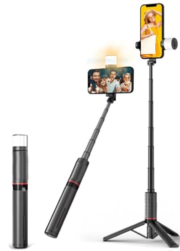 Moman Selfie Stick Stativ mit Fülllicht, Q12S Tragbar Stativ Handyhalter 77CM Aluminium Handy Stativ Ständer Selfie Stange für Smartphones, 360°Drehbar All in 1 Selfiestick von Moman