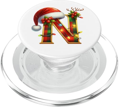 Red Christmas Plaid Initial N Monogrammed Santa Hat Letter N PopSockets PopGrip für MagSafe von Monogram Initial Letter Christmas Matching Shirts