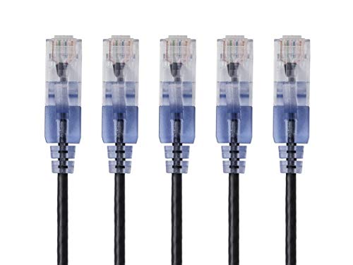 Monoprice Cat6A Ethernet-Patchkabel, Knickschutz, RJ45, 550 MHz, 10 G, UTP, reiner blanker Kupferdraht, 30 AWG, 5 Stück, 4,6 m, Schwarz – SlimRun-Serie von Monoprice