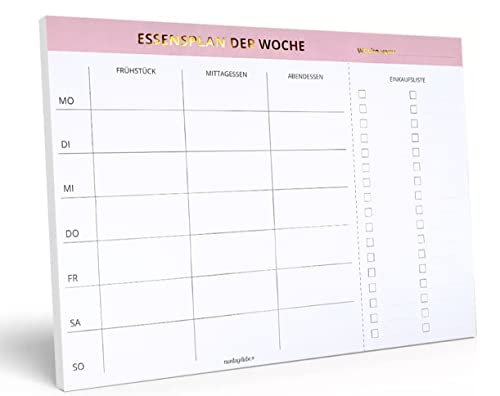 Montagsliebe® Magnetischer Essensplaner & Einkaufsliste zum Abreißen, Wochenplaner Meal Planner DIN A4, Kühlschrank Magnet Block mit Goldschrift, rosa von Montagsliebe