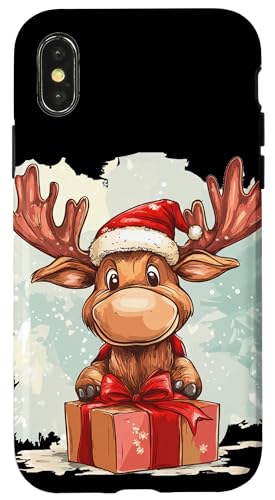 Hülle für iPhone X/XS Hübscher Elch mit Weihnachtsbox Outfit für Jungen und Mädchen von Moose in Christmas Mood