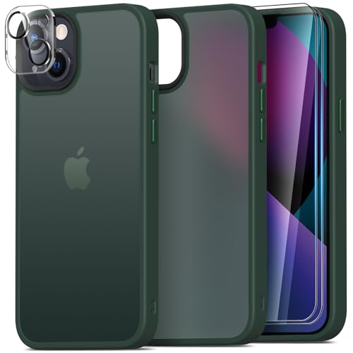 Mootobo für iPhone 13 Hülle, 4-in-1 [Mil-Grade-Stoßschutz] case mit 2 Schutzfolie + 1 Kameraschutz, durchscheinende, Matte Rückseite, Schlanke, Stoßfeste Handyhülle für iPhone 13 6,1 Zoll – Dunkelgrün von Mootobo
