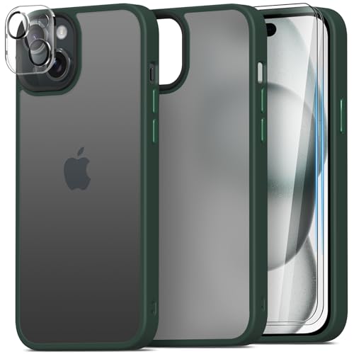 Mootobo für iPhone 15 Hülle, 4 in 1 Handyhülle iPhone 15 mit 2 Stück Schutzfolie +1 Stück Kameraschutz, Military Grade Stoßschutz mit Anti-Fingerprint Matte Rückseite 6,1 Zoll-Dunkelgrün von Mootobo