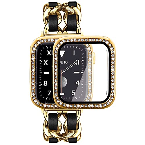 Mosonio Kompatibel mit Apple Watch Armband 42 mm mit Displayschutzfolie für Damen, Schmuckarmband, Metallarmband mit 2er-Pack Bling Case Cover für 42 mm iWatch Serie 3 2 1 (Goldglieder mit schwarzem von Mosonio