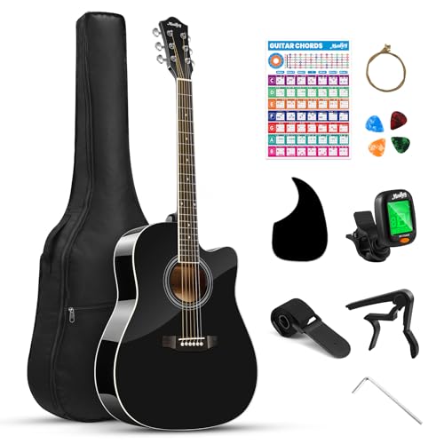 Moukey Acoustic Guitar kits for Beginners, Adults, 41 Inch 4/4 Guitarra Acustica with Chord Poster, Gig Bag, Tuner, Steel Strings, Capo, Strap, Black von Moukey