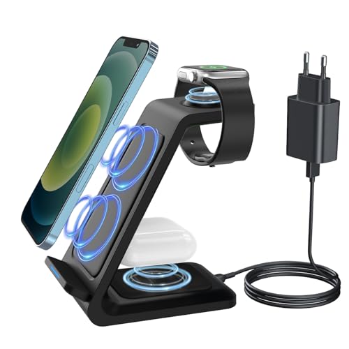 3 in 1 Kabelloses Ladegerät, Wireless Charger für Apple Watch und iPhone 15/14/13/12/11, AirPods 3/2/Pro, Induktive Handy Ladestation für Samsung Galaxy S24 S23 S22 S21 S20, Google Pixel 9 Pro 8 a 7 6 von Moxtouz