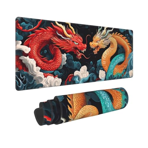 Dragon and Blue Ocean Gaming-Mauspad, groß, rutschfeste Gummiunterseite, XL, 80 x 30 cm, Tastatur-Mauspad, Schreibtischunterlage mit genähten Kanten für Gamer, Zuhause und Büro von Mqtzyiwx