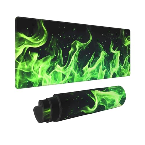 Green Fire Gaming-Mauspad, groß, rutschfeste Gummiunterseite, XL, 80 x 30 cm, Tastatur-Mauspad, Schreibtischunterlage mit genähten Kanten für Gamer, Zuhause und Büro von Mqtzyiwx