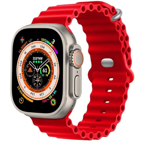 MroTech Silikon Ocean Armband Kompatibel mit Apple Watch Ultra2 / Ultra 49mm, 45mm 44mm Armband Soft Sport Ersatzarmband für iwatch Serie 10 9 8 7 6 5 4 3 2 1 SE SE2 Silikonband,49/45/44 Rot von MroTech