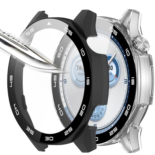 Msiall Mit Gehärtetes Glas Displayschutz Schutzhülle Kompatibel für HUAWEI Watch GT 5 46 mm,Hard PC Rundum Displayschutz Ultradünne Blasenfreie Gegen Kratzer Schutzhülle -schwarz+Transparent von Msiall