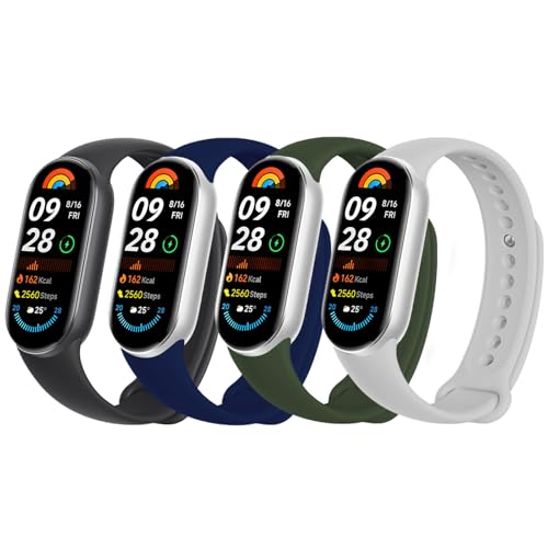 Msksjer 4 Stück Silikon Armband Kompatibel mit Xiaomi Smart Band 9/Xiaomi Smart Band 8 Damen Herren, Weiches Sport Bequem und Atmungsaktiv Ersatzarmband für Mi Band 9/8, Schwarz/Grau/Marine Blau/Grün von Msksjer