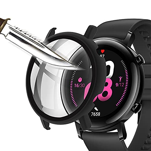 Msm-Case Schwarz mit Hartglas Displayschutzfolie für Huawei Watch GT2 42mm, 9H Härte PC Case, Bumper, Schlanke Vollschutzhülle für Smart Huawei Watch GT2 42mm von Msm-case