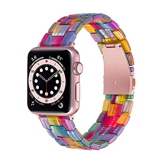 Mtozon Resin-Bänder kompatibel mit Apple Watch 44 mm Serie 6/SE/5/4, 42 mm 3/2/1 Ersatz-Armband für iWatch, Edelstahl-Schnalle, Armband für Damen, Regenbogenfarben von Mtozon