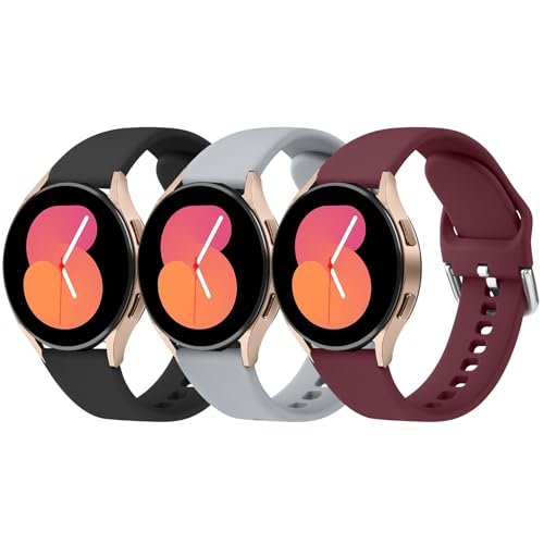 Mugust 3 Stück Armband für Samsung Galaxy Watch 5/4/6/7 Armband/Watch 5 Pro/Watch 4&6 Classic/Active 2/Watch 3 41mm, 20mm Silikon Armbänder für Damen Herren (Schwarz+Weinrot+Grau) von Mugust