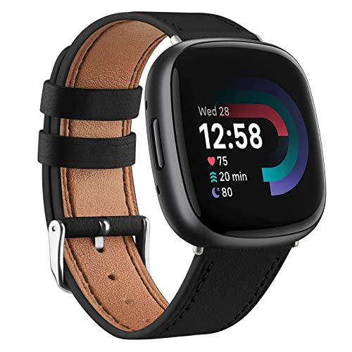 Mugust Lederarmband für Fitbit Versa 3 Armband/Fitbit Versa 4 Armband/Fitbit Sense Armband/Fitbit Sense 2 Lederarmband für Damen Herren (Schwarz) von Mugust