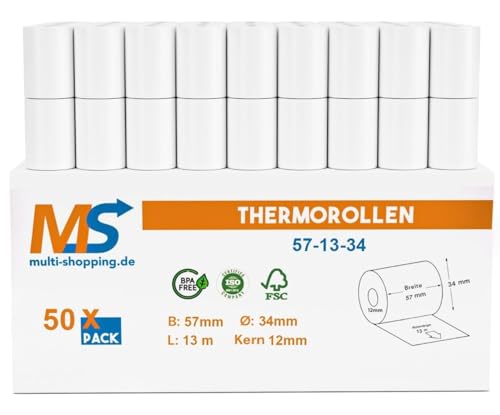 50x Kassenrollen/Thermorollen/Bonrollen 57mm x 13m x 12mm Bpa frei für alle gängigen Thermo Kassen-Bondrucker B: 57mm x L: 13m Ø34mm von Multi-Shopping