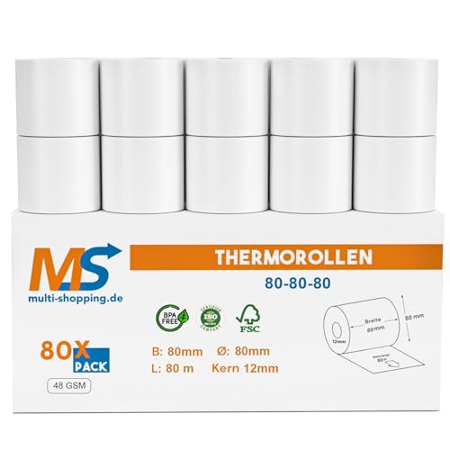 Kassenrollen/Thermorollen/Bonrollen 80mm x 80m x 12mm Bpa frei 48gsm/ für alle gängigen Thermo Kassen-Bondrucker B: 80mm x L: 80m Ø80mm (80) von Multi-Shopping