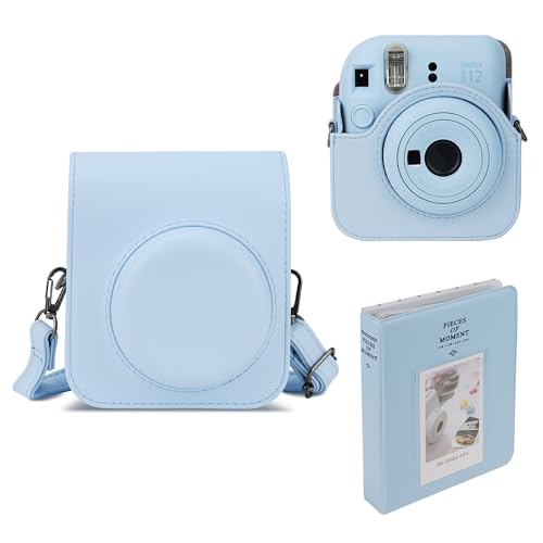 Mumlicha PU Leder Kameratasche und 64 Taschen Fotoalbum kompatibel mit Fujifilm Instax Mini 12 Sofortbildkamera, Mini 12 Schutzhülle mit Verstellbarem Schultergurt (Blau) von Mumlicha