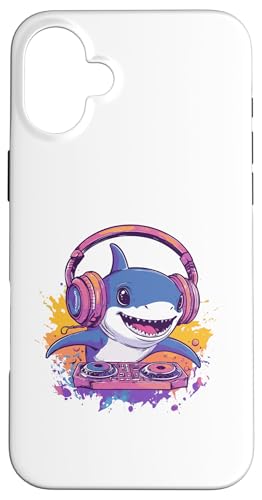 DJ Shark mit Kopfhörern, Musik mischen Hülle für iPhone 16 Plus von Music Enthusiasts Fun Shark DJ Vibrant