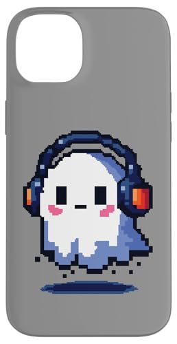 Hülle für iPhone 14 Plus Süßes pixeliges Gespenst mit Kopfhörern, Musikliebhaber, Pixel Art von Music Lover Gifts