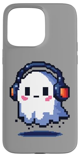 Hülle für iPhone 15 Pro Max Süßes pixeliges Gespenst mit Kopfhörern, Musikliebhaber, Pixel Art von Music Lover Gifts