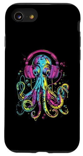 Hülle für iPhone SE (2020) / 7 / 8 Lustige Oktopus-DJ-Kopfhörer, buntes Spielen von Music lover Aquatic Artistic Ink splatter