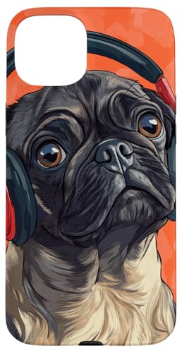 Hülle für iPhone 15 Plus Mops-Gesicht Kopfhörer Hundeliebhaber Haustier Geschenke Vintage von Music lover Cute animal Funny pets Cartoon art