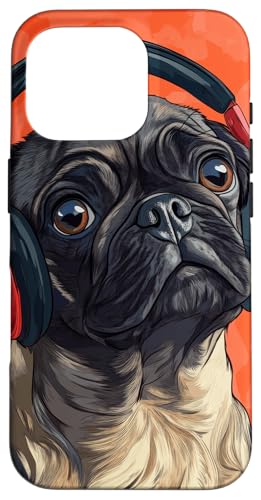 Hülle für iPhone 16 Pro Mops-Gesicht Kopfhörer Hundeliebhaber Haustier Geschenke Vintage von Music lover Cute animal Funny pets Cartoon art