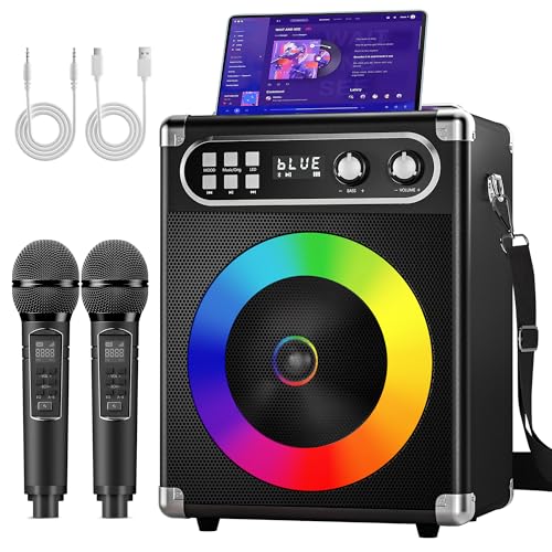 MusyVocay Tragbare Karaoke-System, Vielseitiges 20W PA-Anlage mit 2 Drahtlosen UHF-Mikrofonen und Wiederaufladbaren Steckplätzen, Komplette Karaoke Maschine für Freunde zu Hause von MusyVocay