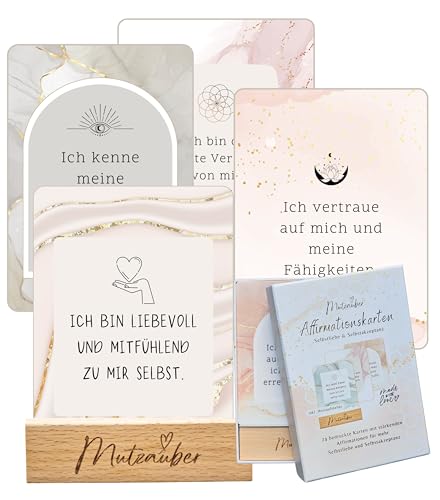 Mutzauber® 24 Affirmationskarten inkl. Geschenkbox + Holzaufsteller Motivationskarten Achtsamkeit für Erwachsene mit Schwerpunkt Selbstliebe & Selbstbewusstsein (Selbstliebe & Selbstakzeptanz) von Mutzauber