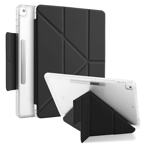 MuyDoux Hülle Origami für iPad 10,2 Zoll 9. 8. 7. Generation 2021/2020/2019 mit Stifthalter, 5-in-1 Mehrere Betrachtungswinkel, mit Magnetverschluss, Glasklare Durchsichtig Acryl Rückseite, Schwarz von MuyDouxTech