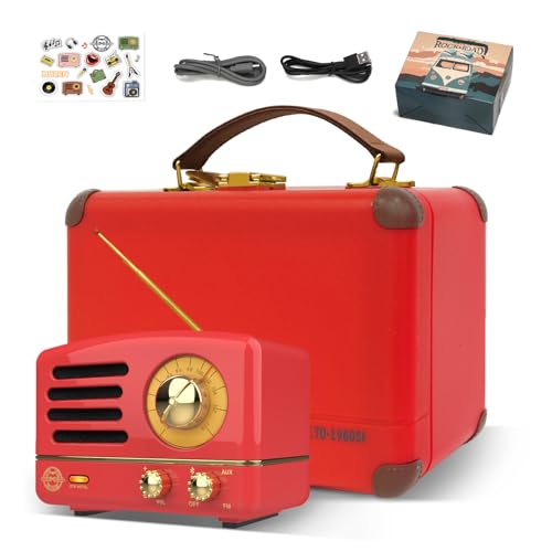 Muzen OTR-Metal Retro Bluetooth Lautsprecher, Tragbare Bluetooth Speaker Klein mit Radio FM AUX, Vintage Musikbox mit Geschenkbox Geschenktüten, Geschenk für Frauen Männer (Rot) von Muzen