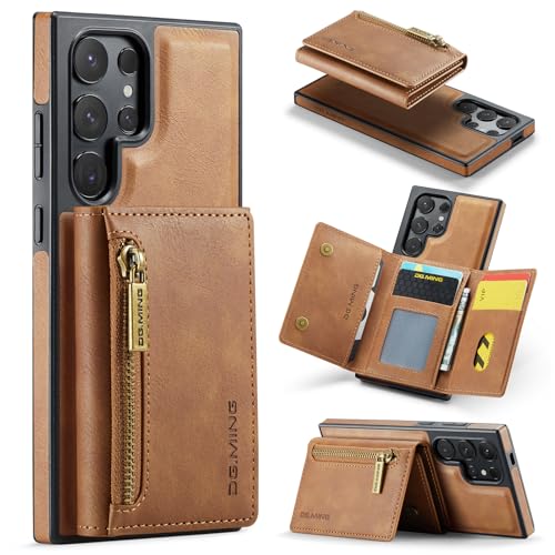 2-in-1-Schutzhülle für iPhone 13 Pro Max, Premium-Lederhülle, Reißverschluss, abnehmbare Brieftaschen-Schnalle, Braun von Mxinxiu