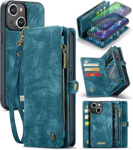 Handyhülle & Tasche für iPhone 15 2-in-1 Leder Klapphülle mit abnehmbarem Cover & Geldbörse – Kartenfächer, Münzfach, Magnetverschluss, Flip Case (Blau, 15) von Mycotech