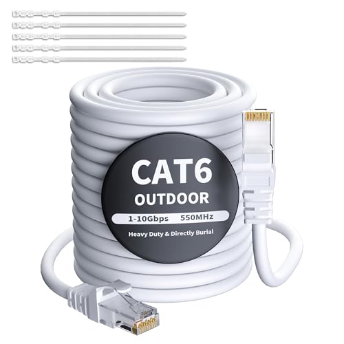 CAT 6 Ethernet Kabel 50 Meter-Weiß für Außen&Innenbereich,1.0 Gigabit Netzwerkkabel,strapazierfähiges,wasserdicht,direkte Verlegung,für POE-Kamera,langes Cat 5e/5 RJ45-LAN-Patchkabel,+ Kabelbindern von Mygatti