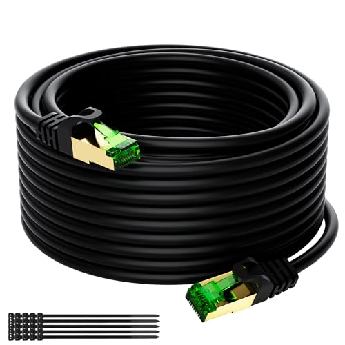 Mygatti 15 Meter CAT 8 Netzwerkkabel 40Gbps für Außen- & Innenbereich,2000MHz S/FTP Ethernet Kabel,Wetterfest,UV-beständig,POE,LAN Kabel,Patchkabel,grün vergoldeter RJ45 Stecker+25 Kabelbindern von Mygatti