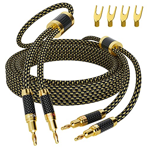 Mygatti HiFi-Lautsprecherkabel, 2,4 m, mit Bananensteckern und konvertierbaren vergoldeten Y-Flachsteckern, versilberter Kupferdraht, 16 AWG, mehrfach geschirmt, geflochtenes Nylon, für HiFi-Sound, von Mygatti