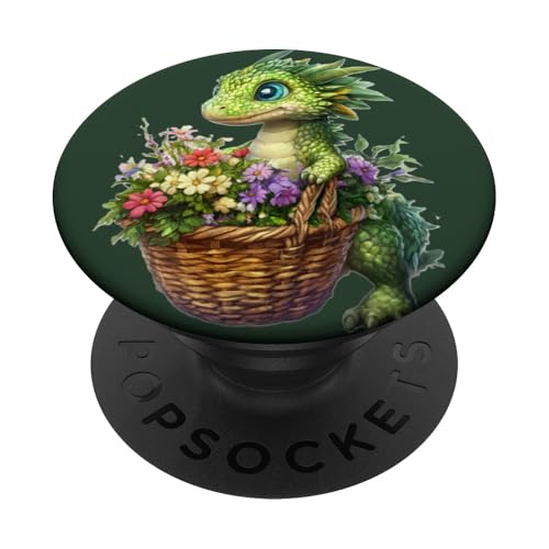 Drachenbaby Kid hält einen Korb mit Blumen PopSockets mit austauschbarem PopGrip von Mystical Medieval Dragon Legends Merchandise