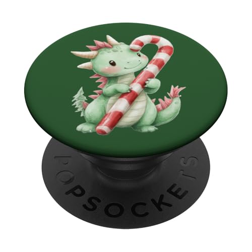 Entzückender grüner Drache hält eine festliche Süßigkeit PopSockets mit austauschbarem PopGrip von Mystical Medieval Dragon Legends Merchandise